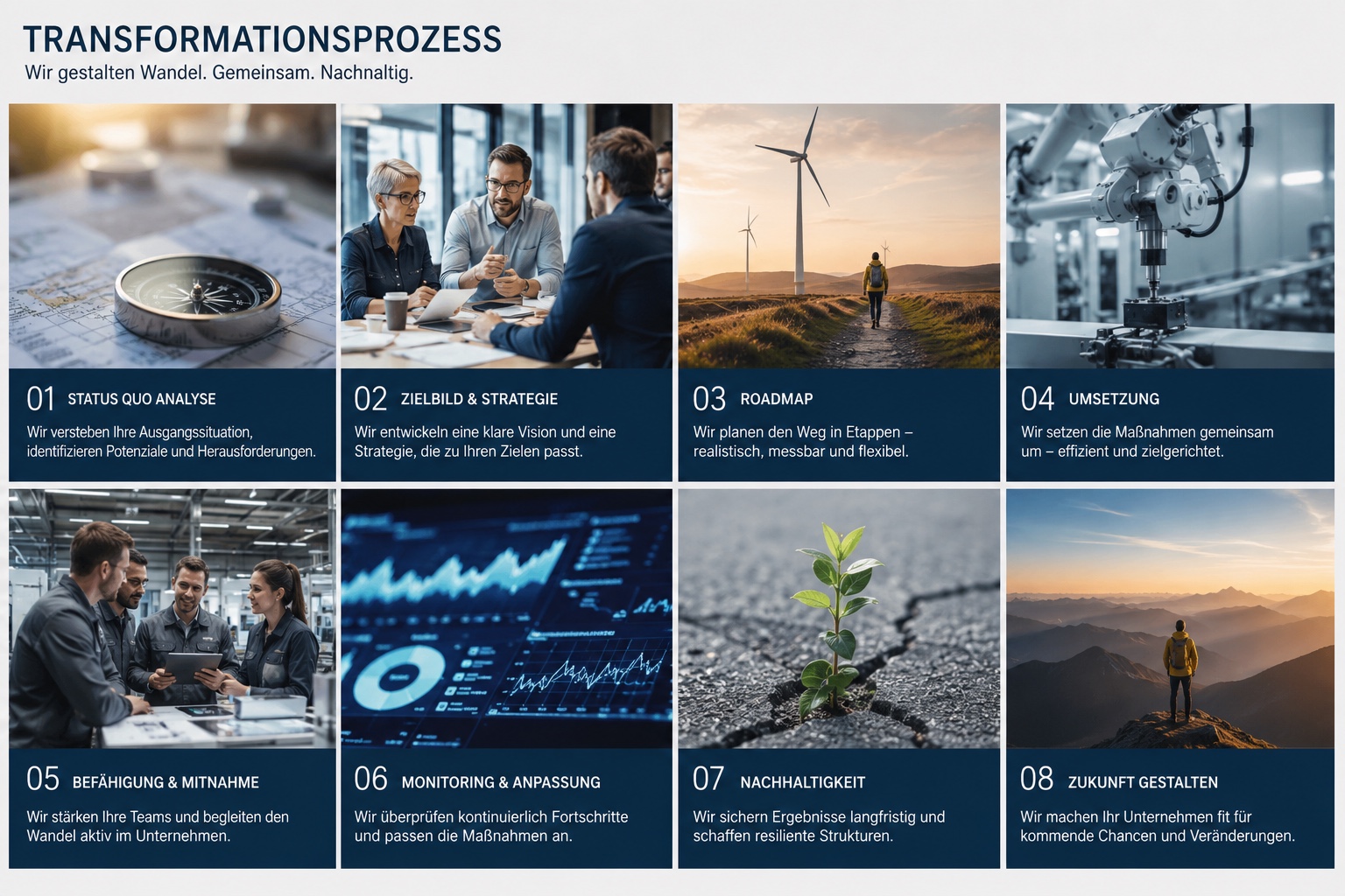 Transformationsprozess mit acht Schritten von Status-quo-Analyse bis Zukunft gestalten