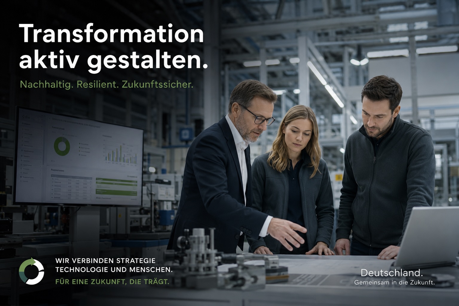 Geschäftsführung und Fachleute besprechen die Lage in einem mittelständischen Industriebetrieb